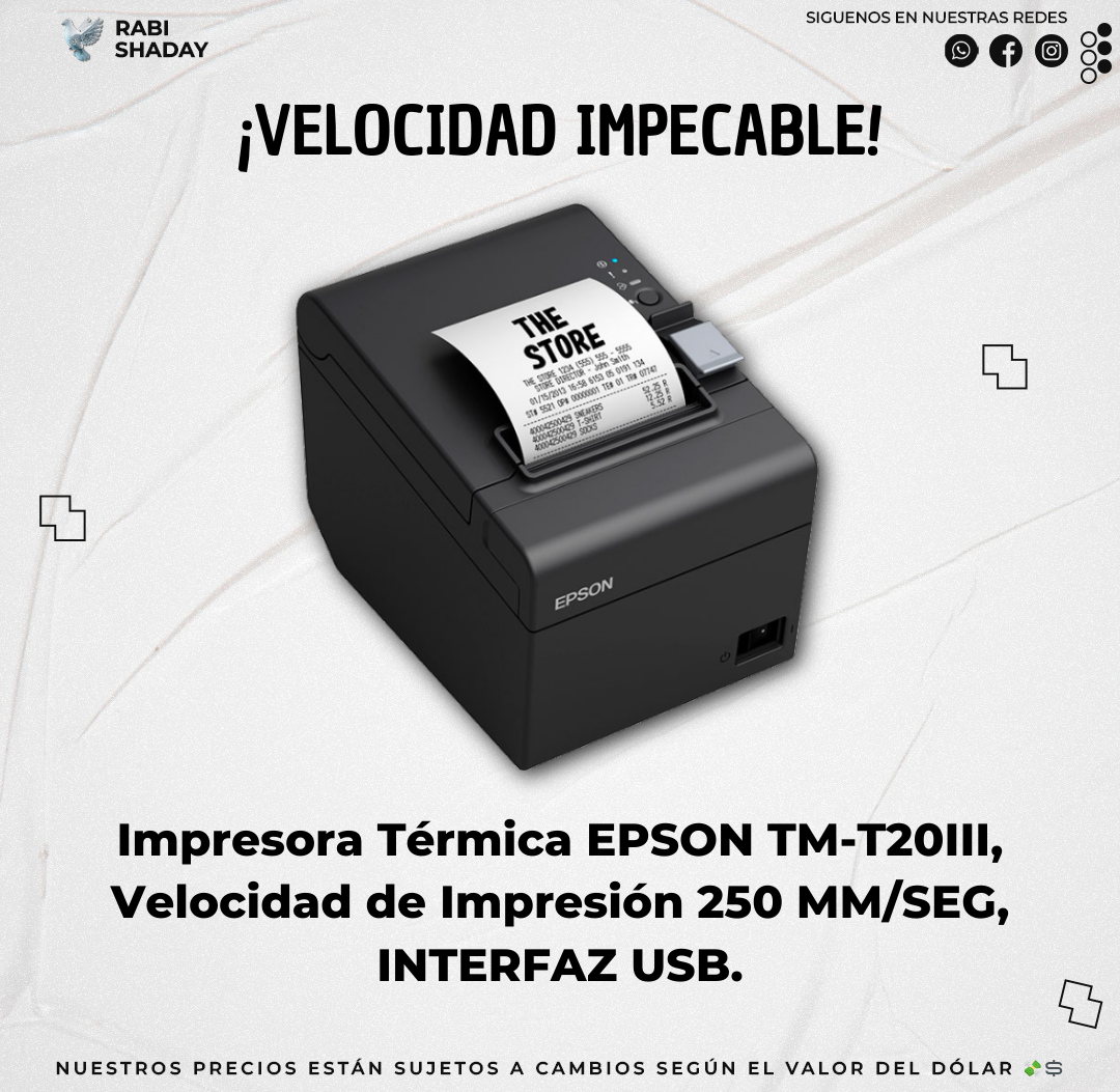 Impresora Térmica EPSON TM-T20III, Velocidad de Impresión 250 MM/SEG, INTERFAZ USB.